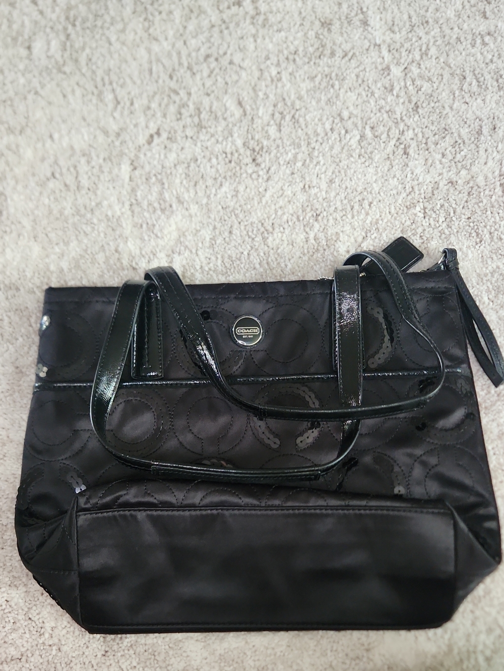 Coach Black Satin Signature Tote with Patent Trim